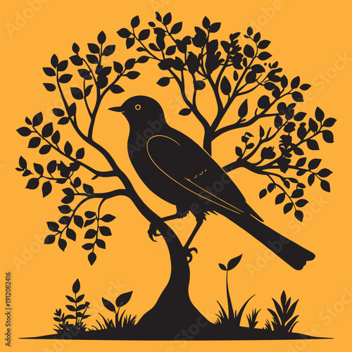 Striking black silhouette of a small songbird perched thoughtfully upon the stark branches of a stylized tree against a vibrant magenta background creating beautiful contrast.