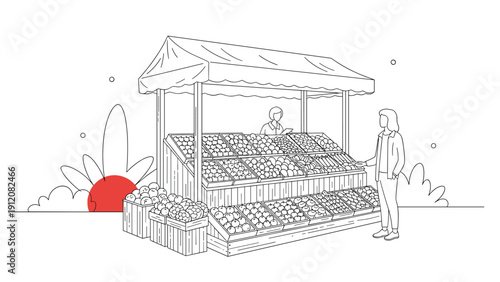 Minimalist market stall outline drawing featuring crates of fresh fruits and vegetables under an artistic red sun.