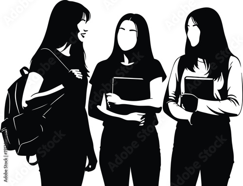 Three Asian Women Holding Books and Backpack Silhouette