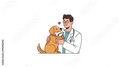 Compassionate veterinarian wearing glasses and a lab coat holding a golden retriever dog with a bone in its mouth.