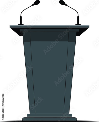 Professional dark grey podium with dual gooseneck microphones on a transparent background, sleek modern lectern for business conferences, political speeches, and educational presentations.