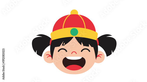 Adorable cartoon face of a smiling young boy wearing a traditional red and yellow Chinese hat for cultural celebration.