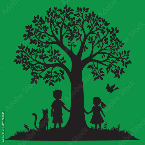 Young child standing beneath a large shaded tree looking up curiously at a silhouette of a bird perched calmly on a sturdy branch with a smaller bird nearby