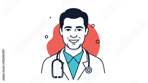 Professional portrait of a confident male medical doctor with a stethoscope around his neck over a red background.