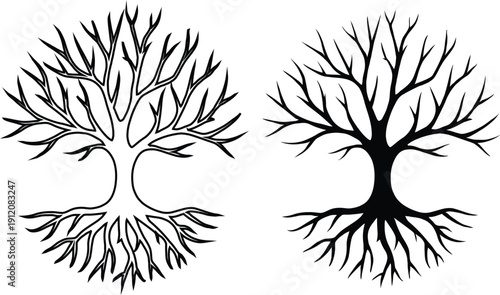 Tree of life symbol with roots and branches, circular nature icon set, black and white silhouette vector illustration