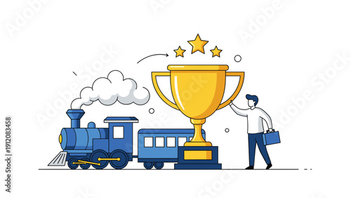 Business achievement concept showing a professional man with a briefcase standing by a large trophy and steam train.