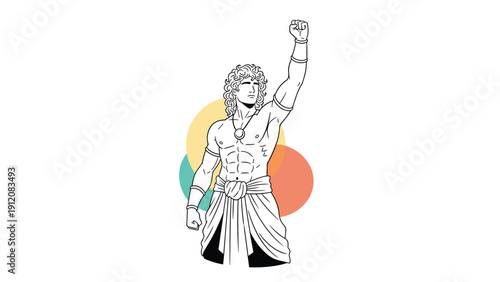 Powerful illustration of a muscular ancient warrior raising his fist in victory against a colorful geometric backdrop.