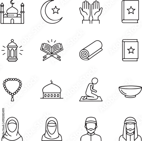 Islamic Prayer and Mosque Icon Set – Muslim Worship, Ramadan Kareem, Eid Mubarak, Crescent Moon, and Spiritual Faith Vector Symbols