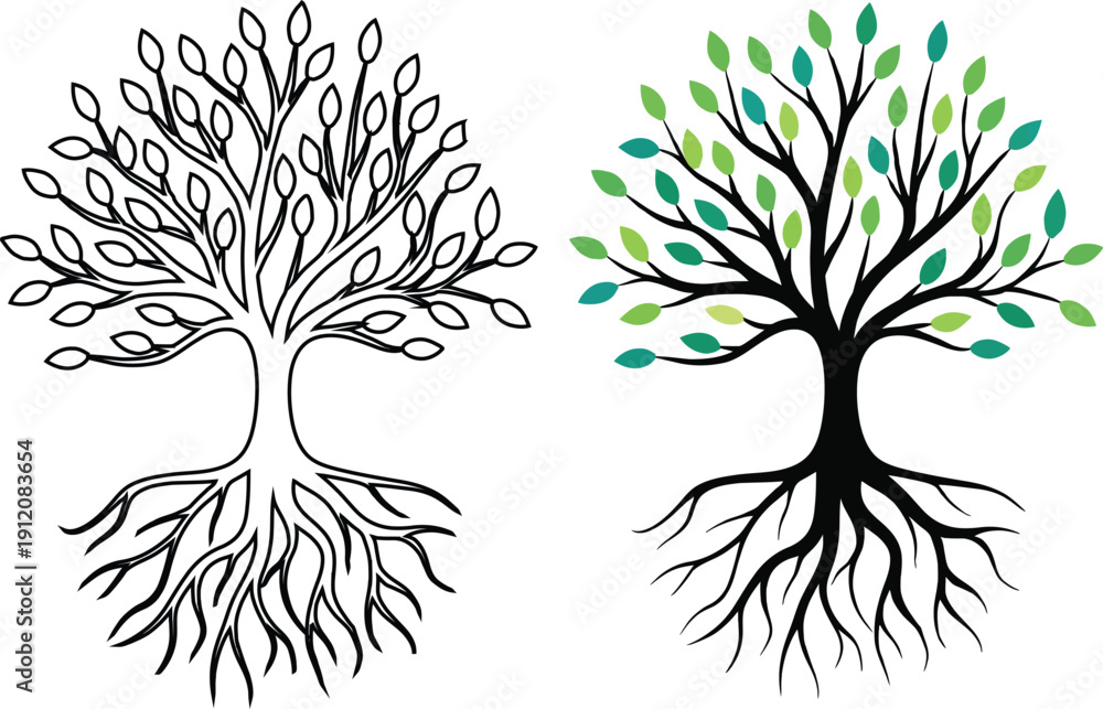 Fototapeta premium Tree of Life Vector Illustration with Roots and Green Leaves - Growth and Nature Concept