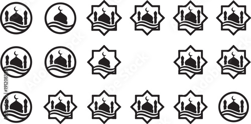 Islamic Prayer and Mosque Icon Set – Muslim Worship, Ramadan Kareem, Eid Mubarak, Crescent Moon, and Spiritual Faith Vector Symbols