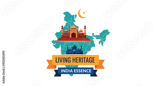 Cultural heritage design for India featuring the Taj Mahal silhouette over a map with decorative text and banners.
