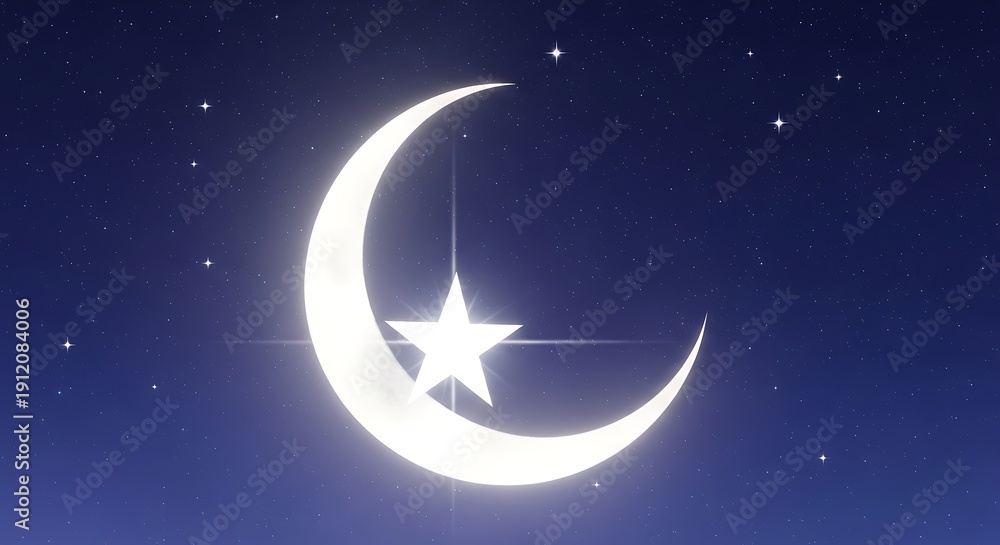 Fototapeta premium Crescent moon and shining stars in a blue night sky with soft clouds illustration