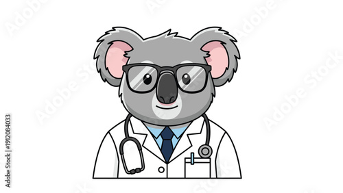 Cute cartoon illustration of a koala bear dressed as a professional medical doctor with a stethoscope and coat.