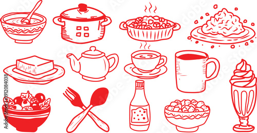 Hand drawn sketch collection featuring various breakfast items drinks and cooking utensils representing a complete kitchen menu assortment.