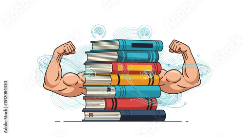 Motivational concept showing a stack of academic books with strong muscular arms emerging from the sides of them.