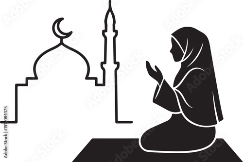 Islamic Prayer and Mosque Icon Set – Muslim Worship, Ramadan Kareem, Eid Mubarak, Crescent Moon, and Spiritual Faith Vector Symbols