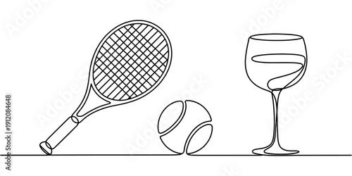 Continuous line drawing of a tennis racket, ball, and wine glass representing leisure and sports.