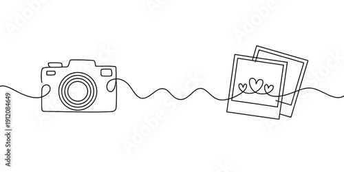 Continuous line drawing of a digital camera and instant photos with heart symbols on a white background.