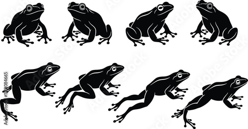 Black frog silhouette set with sitting and jumping poses, amphibian wildlife vector illustration collection