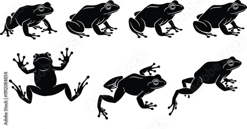 Frog silhouette collection with jumping and sitting poses, black amphibian wildlife vector illustration set