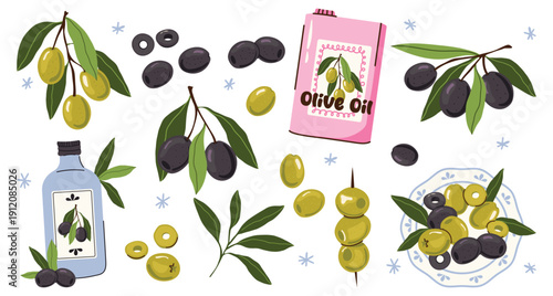 Set of black and green olives. Mediterranean food elements with branches,  canned olives, leaves, olive oil bottles. Mediterranean food concept, organic product, healthy nutrition, natural ingredients