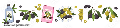 Set of black and green olives. Mediterranean food elements with branches,  canned olives, leaves, olive oil bottles. Mediterranean food concept, organic product, healthy nutrition, natural ingredients