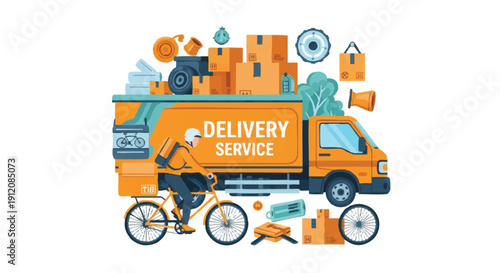 Illustration of a delivery service worker riding a bicycle surrounded by packages and icons in a vibrant orange and green color scheme with a modern graphic design style.