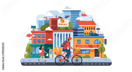 A vibrant cityscape illustration with a cyclist riding past colorful buildings and coffee beans in slow motion on a sunny day with a lively atmosphere.