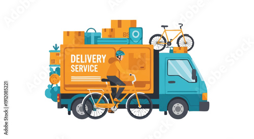 Illustration of a delivery truck with bicycle on top and various packages, labeled 'DELIVERY SERVICE', against a clean white background with a mix of orange and blue hues.