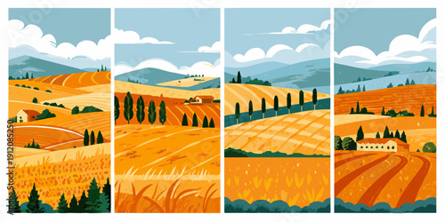 Tuscan landscape panorama featuring rolling hills and golden fields