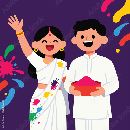 Happy Indian couple celebrating Holi festival with colorful powder splashes and traditional attire on a vibrant purple background.