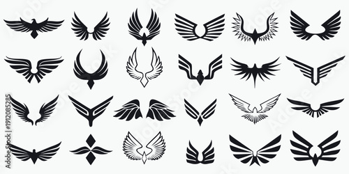 Collection of diverse black and white wing designs and emblems