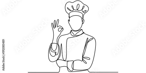 Continuous line drawing of a professional chef wearing a uniform and hat showing an ok sign.