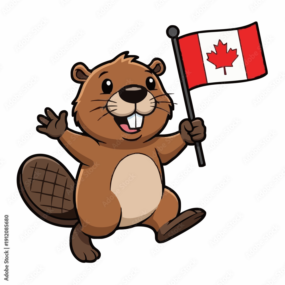 Fototapeta premium Cute Cartoon Beaver Character Holding Canada Flag - Canadian National Mascot Illustration. A friendly and adorable cartoon beaver mascot character walking and proudly holding the national flag of CAN