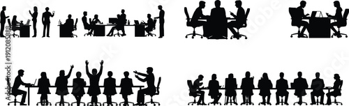 Black vector silhouette set of office workers in business meetings professional collaboration at desks and corporate teamwork sessions for workplace productivity and branding, (