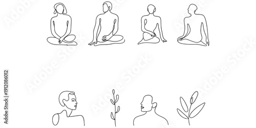 Hand drawn minimalist line art sketches of people meditating and botanical leaves on white