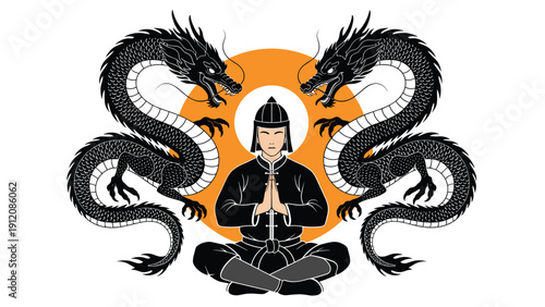 Martial arts themed illustration with a man meditating in the center flanked by two large, detailed black Chinese dragons.