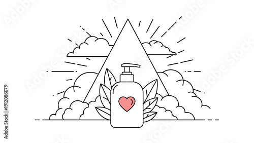 Natural skincare or hygiene product concept featuring a pump bottle with a heart label set against clouds and radiant light.