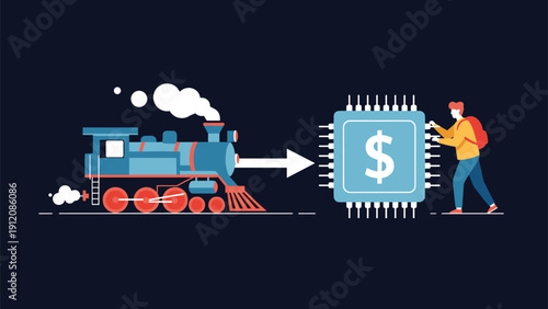 Technological transformation concept showing a steam locomotive evolving into a computer chip with a dollar symbol and a technician.