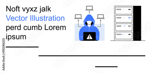 Cybersecurity threats, data breaches, hacking risks, online security, system vulnerabilities, IT infrastructure. A hooded figure at a laptop with server racks. Cybersecurity and data breaches concept