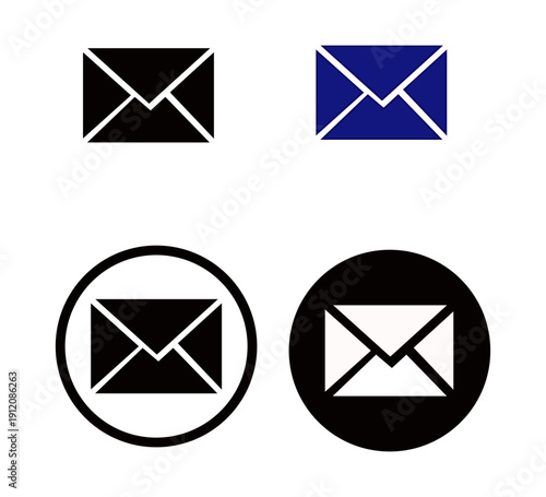 Collection of simple envelope icons representing email communication and messaging in black blue and white for web and app design