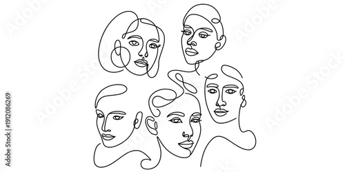Minimalist continuous line art illustration of five diverse women's faces on white background