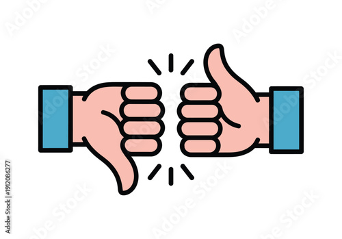 Two hands, one showing a thumbs-up and the other a thumbs-down, clashing in the middle, symbolizing agreement versus disagreement or pros and cons.