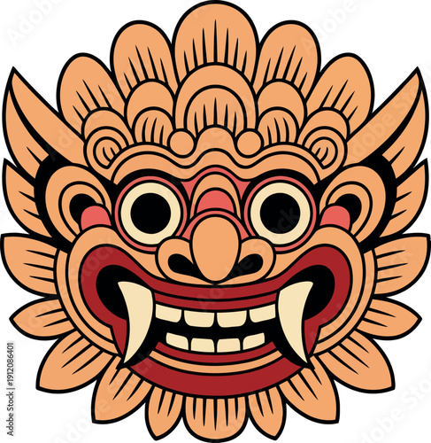 Ornate mythical creature mask illustration, featuring fierce fangs and ancient cultural symbolism, a striking traditional art concept