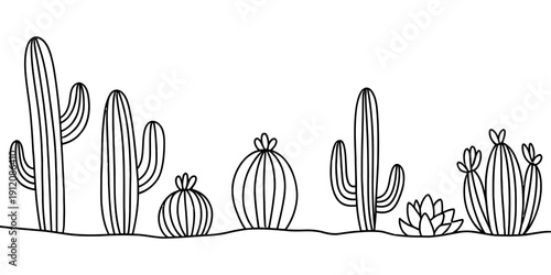 Simple black and white line drawing of various desert cacti and succulents in a row