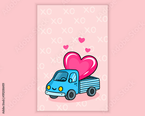 Cute valentines day illustration with blue car carrying pink hearts romantic greeting card concept on soft pastel background love celebration theme. Vector illustration