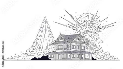 Dramatic line art illustration of a large two-story house with two massive explosions and smoke rising high in the background.
