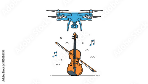 Modern music production concept featuring a classic violin with a bow and floating music notes being filmed by a flying drone.