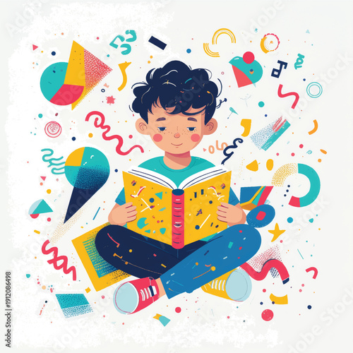 Cartoon Boy Reading Book with Joyful Imaginative Educational Illustration in Bright Colorful Digital Art for Childrens Learning and Development.