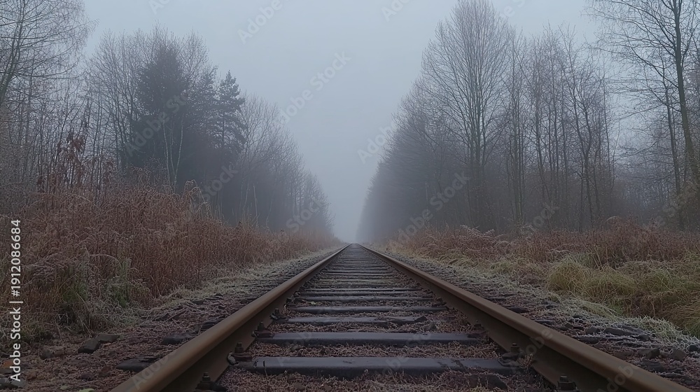 Obraz premium Railway tracks disappearing into the distance on a foggy day.